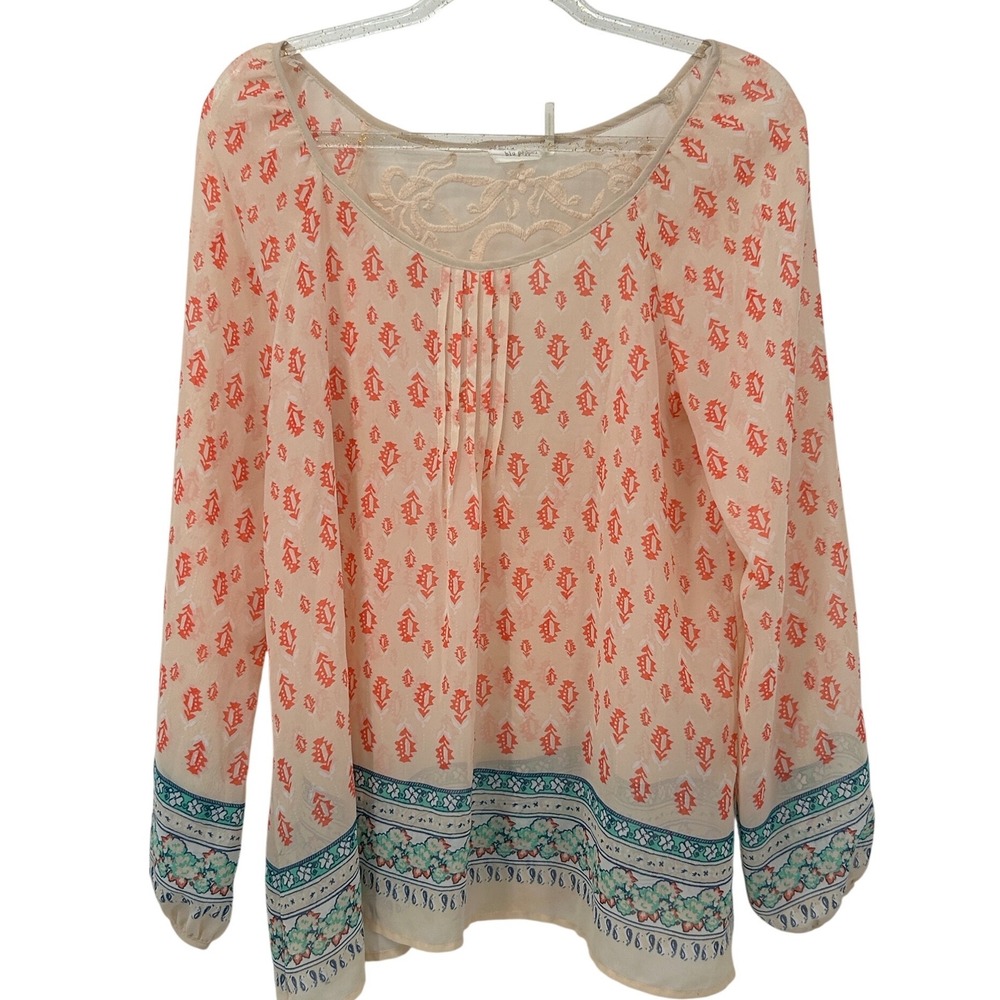 Blu Pepper Boho Sheer Peasant Blouse‎ Cream Coral Print Embroidered Back Size L - Picture 2 of 6